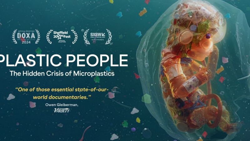 Plastic People Movie Banner with the image of a fetus made of plastic floating in a plastic bag