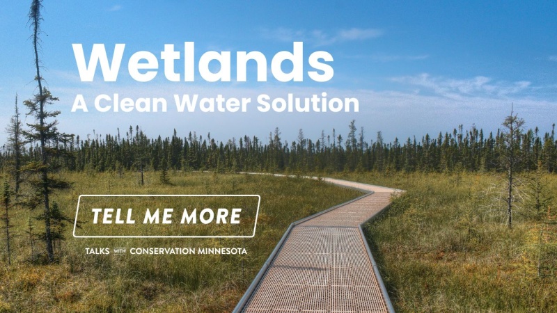 A boardwalk through a Minnesota wetland with "Wetlands A Clean Water Solution"