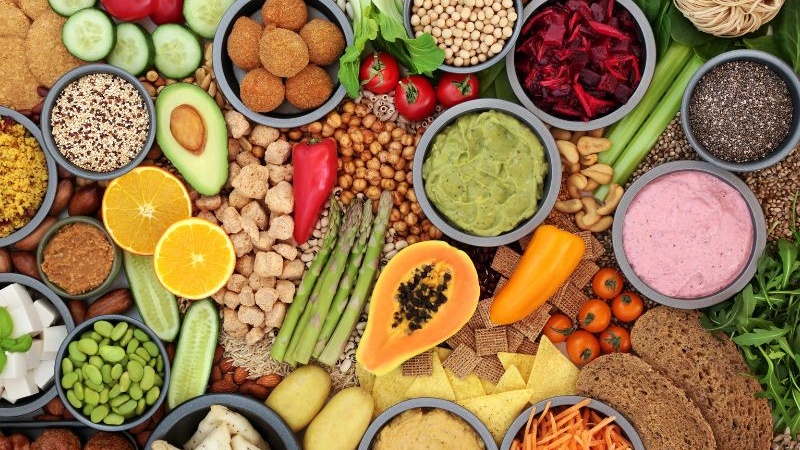 A spread of colorful vegan foods